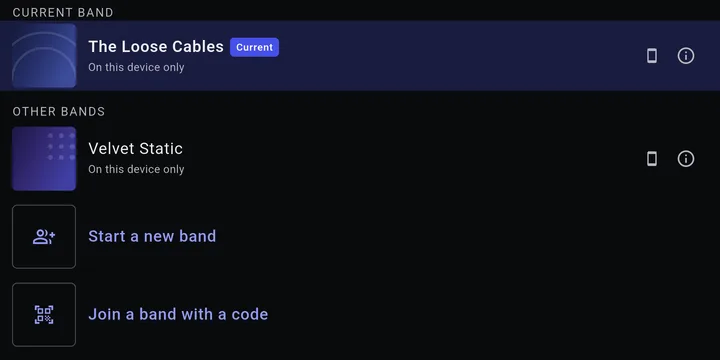 BandBinder's Band Hub screen, listing two bands - The Loose Cables (current) and Velvet Static - with doors to start a new band or join one with a code
