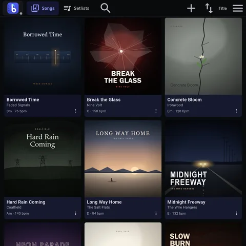 A BandBinder song library grid: two full rows of The Loose Cables' songs with illustrated cover art, title, key and tempo, plus a partial third row of cover art as the library continues