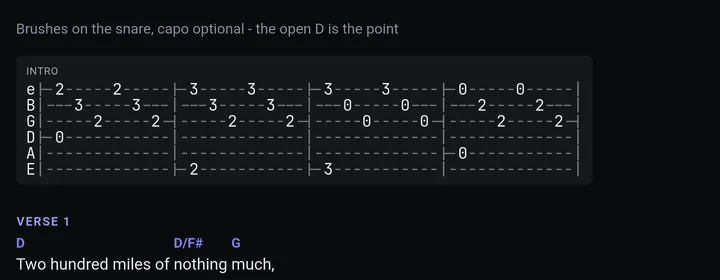 A guitar tab section rendered inside a BandBinder chart, above the song's own chord and lyric lines